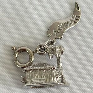 Vintage Sterling Silver Tropical Palm Tree Hut Charm Pendant with Hawaii Banner